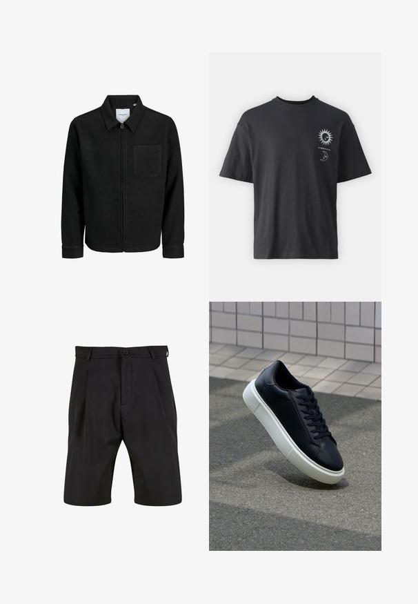 Crna jakna na zip s ovratnikom i jednim džepom na prsima, prikazana na bijeloj pozadini.; Crna pamučna majica kratkih rukava, okruglog izreza, s grafikom sunca i mjeseca na prednjoj strani, uz tekst "Le Soleil et La Lune."; Crne kratke hlače izrađene od glatkog materijala s krojenim dizajnom, s prednjim kopčanjem na dugme, nabora i bočnim džepovima.; Crne kožne tenisice s zaobljenim vrhom i bijelim gumiranim potplatom. Imaju ravne vezice i minimalno šivanje na gornjem dijelu. Teksturirani potplat za bolje prianjanje.
