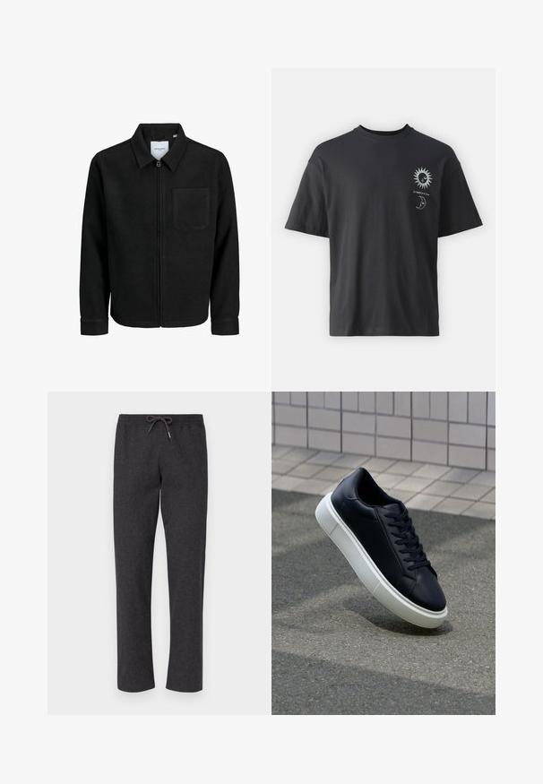 Mustaga lukuga jakker, millel on krae ja üks rinna-tasku, esitatud valgel taustal.; Must musta T-särk lühikeste varrukatega, ümar kaelus ning esiküljel päikese ja kuu graafika, millele on lisatud tekst "Le Soleil et La Lune."; Tumedahallid, pehmed kangast püksid elastse vöö ja nööriga. Sirge jala disain, ilma taskuteta, sile tekstuur ja lihtne konstruktsioon.; Mustast nahast tennisetoss, millel on ümar nina ja valge kummist tall. Omab siredaid paelu ja minimaalset õmblemist ülemises osas. Tekstuuriga tald, mis tagab haakuvuse.