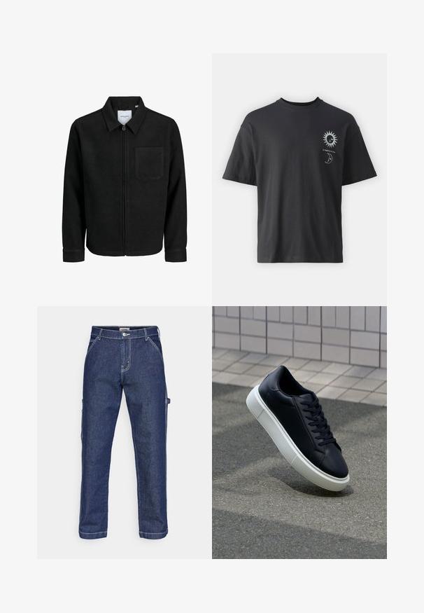 Mustaga lukuga jakker, millel on krae ja üks rinna-tasku, esitatud valgel taustal.; Must musta T-särk lühikeste varrukatega, ümar kaelus ning esiküljel päikese ja kuu graafika, millele on lisatud tekst "Le Soleil et La Lune."; Tumed sinised denim cargo püksid valgete õmblustega. Omavad küljetaskuid, sirget sääre disaini ja klassikalist nööbi sulgemist.; Mustast nahast tennisetoss, millel on ümar nina ja valge kummist tall. Omab siredaid paelu ja minimaalset õmblemist ülemises osas. Tekstuuriga tald, mis tagab haakuvuse.