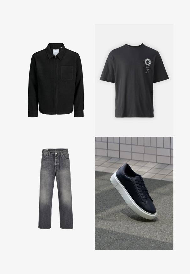 Černá zipová bunda s límečkem a jednou kapsou na hrudi, vystavená na bílém pozadí.; Černé bavlněné tričko s krátkým rukávem, kulatým výstřihem a předními grafikami slunce a měsíce, doplněné textem "Le Soleil et La Lune."; Džínové kalhoty v bledě černé barvě, s přímým střihem, pěti kapsami a kovovým zapínáním na knoflík v pase.; Černé kožené tenisky s kulatou špičkou a bílou gumovou podrážkou. mají ploché tkaničky a minimální šití na svršku. Texturovaná podrážka pro lepší přilnavost.