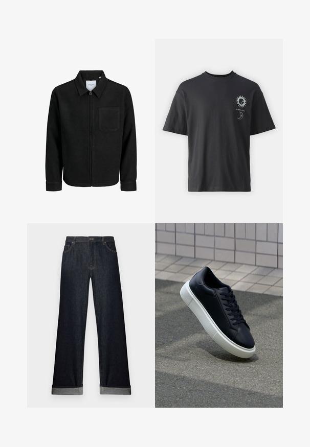 Melna jaka ar rāvējslēdzēju un apkakli, vienu krūšu kabatu, parādīta uz baltas fona.; Melna kokvilnas t-krekls ar īsām piedurknēm, apaļu apkakli un priekšpusē attēlotiem saules un mēness grafikas, kopā ar tekstu "Le Soleil et La Lune."; Platām kājām tums zils džinsu bikses ar apgrieztām maliņām, pogu aizdari un priekšējām kabatām. Audumam ir gluda tekstūra ar smalkiem šuvju detalizējumiem.; Melnas ādas kedas ar noapaļotu pirkstu un baltu gumijas zoli. Iespējas - plakanas šņorītes un minimāla apdare augšdaļā. Struktūrēta zole, lai nodrošinātu saķeri.