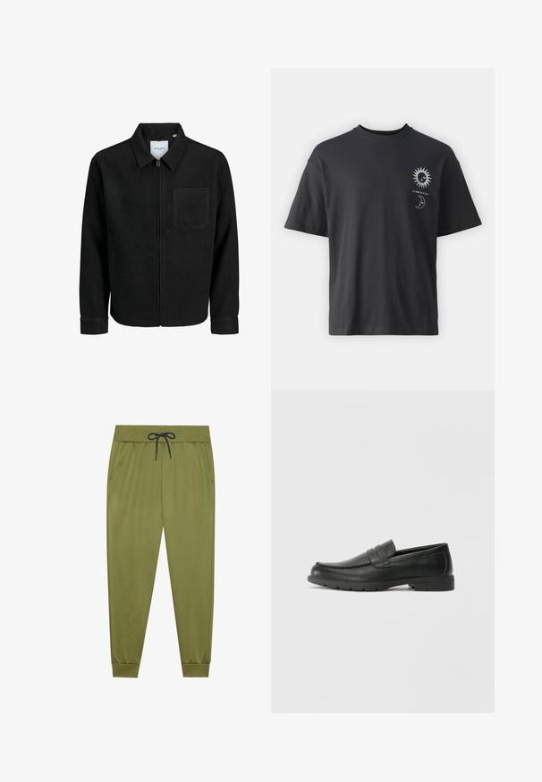 Črna jakna z zadrgo in ovratnikom ter enim žepom na prsih, prikazana na beli podlagi.; Črna bombažna majica s kratkimi rokavi, okroglim izrezom in grafiko sonca in lune spredaj, v kombinaciji z besedilom "Le Soleil et La Lune."; Olivno zeleni trenerki z elastičnim pasom, črno vrvico, stranskimi žepi in rebrastimi manžetami na gležnjih. Gladka tekstura.; Črne usnjene loafer čevlje z gladko površino, zgornjim delom v slogu mokasin, šivanimi detajli in gumijastim podplatom. Klasična zasnova z nizko peto.