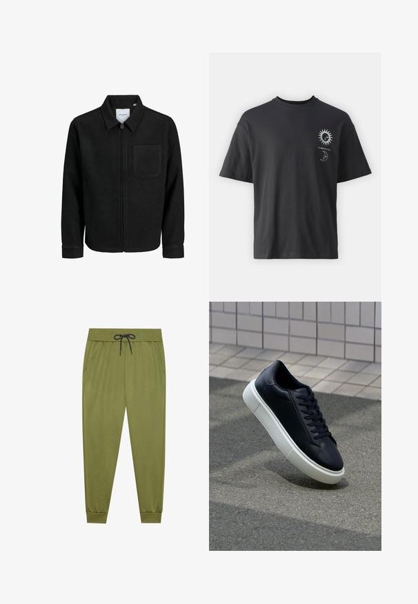 Melna jaka ar rāvējslēdzēju un apkakli, vienu krūšu kabatu, parādīta uz baltas fona.; Melna kokvilnas t-krekls ar īsām piedurknēm, apaļu apkakli un priekšpusē attēlotiem saules un mēness grafikas, kopā ar tekstu "Le Soleil et La Lune."; Olivzaļa sporta bikses ar elastīgu jostu, melnu auklu, sānu kabatām un ribotām piedurknēm pie potītēm. Gluda tekstūra.; Melnas ādas kedas ar noapaļotu pirkstu un baltu gumijas zoli. Iespējas - plakanas šņorītes un minimāla apdare augšdaļā. Struktūrēta zole, lai nodrošinātu saķeri.