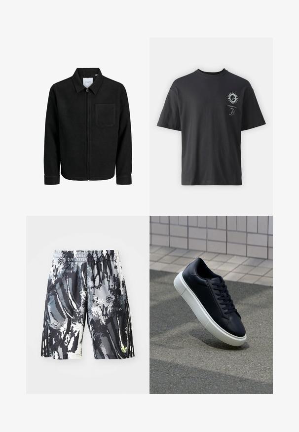 Czarna kurtka z zamkiem na całej długości, z kołnierzem i jedną kieszenią na piersi, umieszczona na białym tle.; Czarny bawełniany t-shirt z krótkim rękawem, okrągłym dekoltem i grafiką słońca i księżyca z napisem "Le Soleil et La Lune."; Czarno-szare szorty sportowe w wzory z elastycznym pasem, z cyfrowym abstrakcyjnym wzorem i małym neonowym akcentem.; Czarne skórzane sneakersy z okrągłym noskiem i białą gumową podeszwą. Posiadają płaskie sznurowadła i minimalne przeszycia na cholewce. Teksturowana podeszwa zapewnia przyczepność.