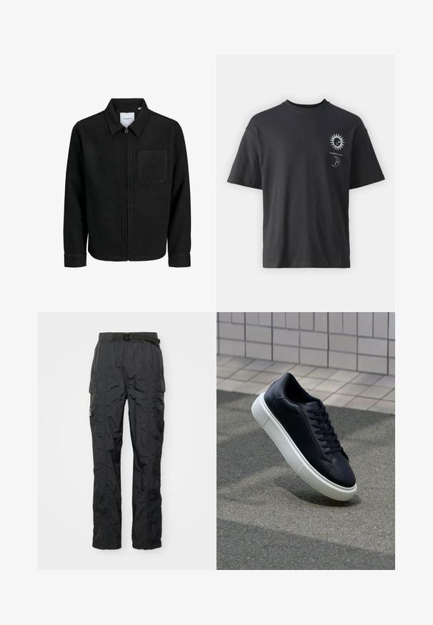 Czarna kurtka z zamkiem na całej długości, z kołnierzem i jedną kieszenią na piersi, umieszczona na białym tle.; Czarny bawełniany t-shirt z krótkim rękawem, okrągłym dekoltem i grafiką słońca i księżyca z napisem "Le Soleil et La Lune."; Czarne spodnie cargo wykonane z lekkiej, teksturowanej tkaniny. Wśród cech znajdują się pasek, kieszenie boczne oraz detale w szwach. Regularny krój.; Czarne skórzane sneakersy z okrągłym noskiem i białą gumową podeszwą. Posiadają płaskie sznurowadła i minimalne przeszycia na cholewce. Teksturowana podeszwa zapewnia przyczepność.