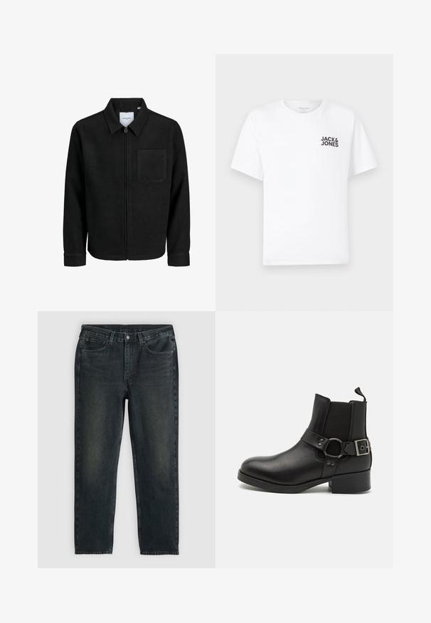 Mustaga lukuga jakker, millel on krae ja üks rinna-tasku, esitatud valgel taustal.; Valge puuvillane T-särk, lühikeste varrukatega, ümmarguse kaelusega. Vasakul rinnal on musta teksti logoga "JACK & JONES". Lihtne, üksikasjadeta disain.; Tumed sinised denim teksad sirgete sääremõõtudega, viie tasku, lukuga ja kontrastsetes õmblustes. Kanga peal on õrn kulumine.; Steve Madden ANTONN - Kauboi/mootorratturi poolsaapad - black