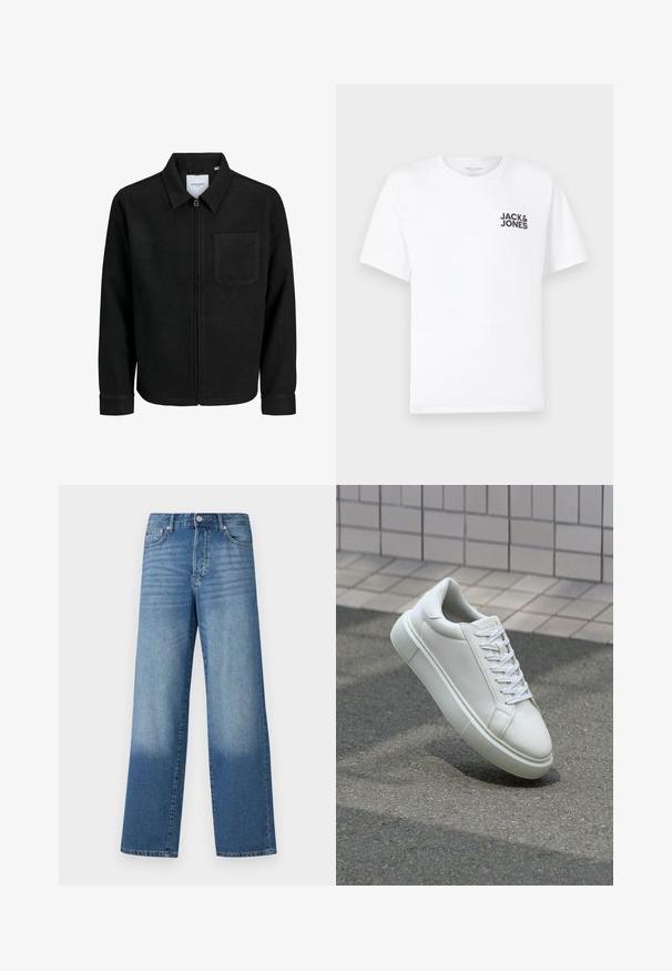 Czarna kurtka z zamkiem na całej długości, z kołnierzem i jedną kieszenią na piersi, umieszczona na białym tle.; Biała bawełniana koszulka, krótki rękaw, okrągły dekolt. Posiada czarny tekst logo "JACK & JONES" po lewej stronie klatki piersiowej. Prosty, gładki design.; Niebieskie spodnie dżinsowe z wysokim stanem i prostymi nogawkami, z blaknięciem na udach i ciemniejszym odcieniem przy mankietach, z widocznymi guzikami z przodu i kieszeniami.; Białe skórzane trampki z gładką powierzchnią, okrągłym noskiem i płaskimi białymi sznurowadłami. Posiadają teksturowaną gumową podeszwę oraz minimalistyczne elementy projektowe.