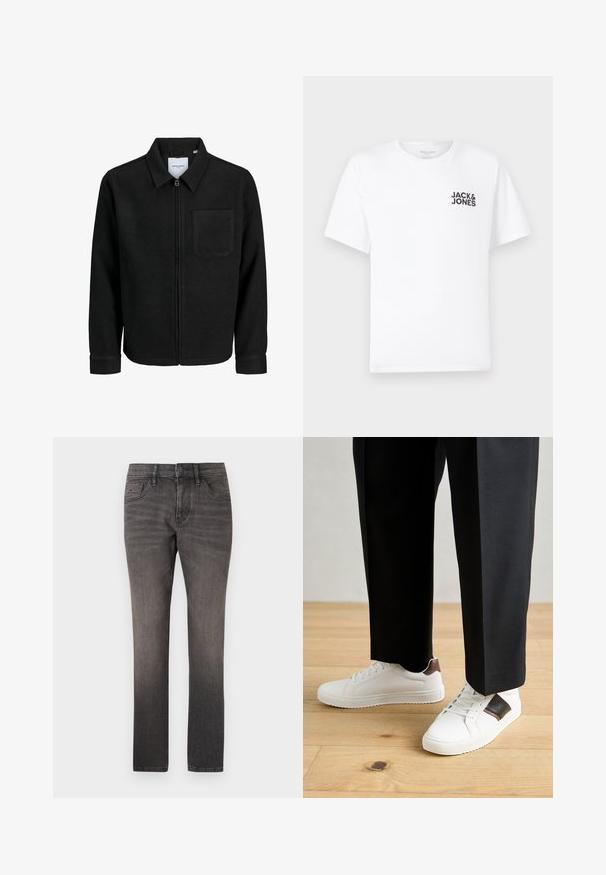 Juodas džemperis su užtrauktuku, apykakle ir vienu krūtiniu kišenėje, pristatytas baltame fone.; Balta medvilnės marškinėliai su trumpomis rankovėmis ir apvalia kaklo iškirpte. Kairėje krūtinės pusėje yra juodas tekstas "JACK & JONES". Paprastas, vientisas dizainas.; TOM TAILOR JOSH - Tiesaus kirpimo džinsai - used dark stone black denim; Balti sportbačiai su glotnia danga, puošti rudais odiniais akcentais ir juodais detalėmis, derinami su juodais pritaikytais kelnėmis. Medinių grindų fonas.