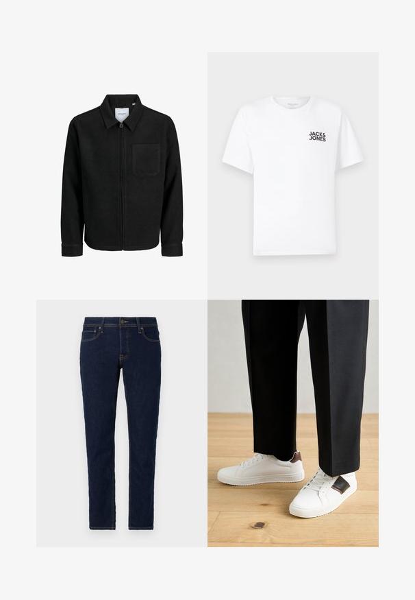 Juodas džemperis su užtrauktuku, apykakle ir vienu krūtiniu kišenėje, pristatytas baltame fone.; Balta medvilnės marškinėliai su trumpomis rankovėmis ir apvalia kaklo iškirpte. Kairėje krūtinės pusėje yra juodas tekstas "JACK & JONES". Paprastas, vientisas dizainas.; Tamsiai mėlynos džinsinės kelnės, prigludusio silueto. Yra standartinė penkių kišenių konstrukcija, kontrastingi siūlai ir metalinis mygtuko užsegimas.; Balti sportbačiai su glotnia danga, puošti rudais odiniais akcentais ir juodais detalėmis, derinami su juodais pritaikytais kelnėmis. Medinių grindų fonas.
