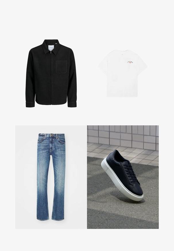 Chaqueta negra con cremallera y cuello, con un solo bolsillo en el pecho, expuesta sobre un fondo blanco.; Camiseta blanca de algodón con mangas cortas, cuello redondo y un pequeño gráfico que dice "LA VILLE LUMIÈRE" en negro y rojo en la parte superior de la espalda.; Jeans de mezclilla azules con un diseño de pierna recta, que presentan un lavado desgastado, cinco bolsillos y costuras en contraste. Cierre de botón de metal en la cintura.; Zapatilla de cuero negro con punta redonda y suela de goma blanca. Presenta cordones planos y un mínimo de costuras en la parte superior. Suela texturizada para proporcionar agarre.