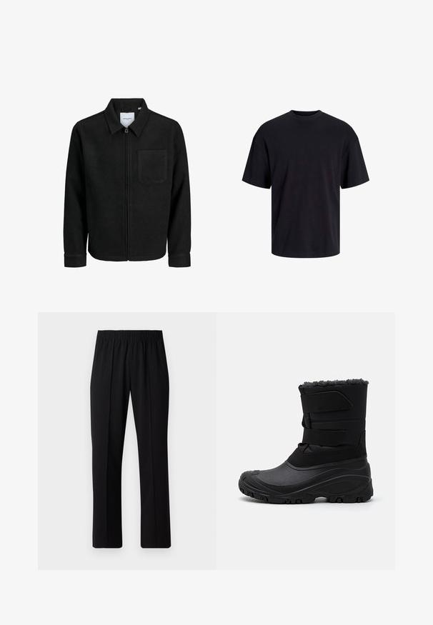 Veste zippée noire avec col et poche poitrine unique, présentée sur fond blanc.; T-shirt en coton noir avec un col ras du cou, des manches courtes et une coupe décontractée. Texture lisse sans motifs ni accents visibles.; Pantalons noirs à taille élastique avec une coupe droite, présentant une texture lisse et sans motifs ni éléments visibles.; Botte d'hiver noire en matériau synthétique, avec une semelle en caoutchouc texturé, des sangles Velcro et un dessus doublé en fourrure pour l'isolation.