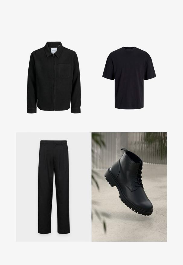 Mustaga lukuga jakker, millel on krae ja üks rinna-tasku, esitatud valgel taustal.; Must must on mustre, lühikeste varrukatega ja vabalt langev. Sile tekstuur ja ilma nähtavate mustrite või aktsentideta.; Mustad mustadest riietest, millel on sirge jalgade disain, kaks eesmist voltimist ja tavaline vöökoht, millel on vöökohad.; Mustad mustad nahast ankle saapad, ümmarguse nina, nööbidest sulgemise ja robustse kummitald. Sile tekstuur ja tõmbetab tagaküljel.