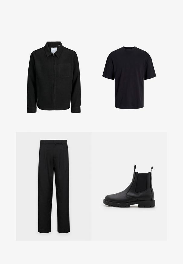 Veste zippée noire avec col et poche poitrine unique, présentée sur fond blanc.; T-shirt en coton noir avec un col ras du cou, des manches courtes et une coupe décontractée. Texture lisse sans motifs ni accents visibles.; Pantalons noirs en tissu lisse, avec une coupe droite, deux plis avant et une taille standard avec passants de ceinture.; Bottines Chelsea noires en cuir texturé, avec des panneaux latéraux élastiques, des languettes de tirage et une semelle en caoutchouc épaisse avec un crampons.