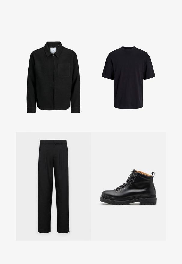 Črna jakna z zadrgo in ovratnikom ter enim žepom na prsih, prikazana na beli podlagi.; Črna bombažna majica s krojačkom izrezom, kratkimi rokavi in sproščenim krojem. Gladka tekstura in brez vidnih vzorcev ali poudarkov.; Črne hlače iz gladkega materiala, s krojem ravne noge, dvema sprednjima pregiboma in standardnim pasom z zankami za pas.; Zign LEATHER - Gležnjarji z vezalkami - black