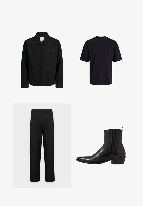 Chaqueta negra con cremallera y cuello, con un solo bolsillo en el pecho, expuesta sobre un fondo blanco.; Camiseta de algodón negra con cuello redondo, mangas cortas y un ajuste relajado. Textura suave y sin patrones ni acentos visibles.; Pantalones negros de tela suave, con un diseño de pierna recta, dos pliegues frontales y una cintura estándar con trabillas para el cinturón.; Bota de cuero negro hasta el tobillo con punta afilada, paneles laterales elásticos, acentos de costura vertical y un tacón bajo y cuadrado.