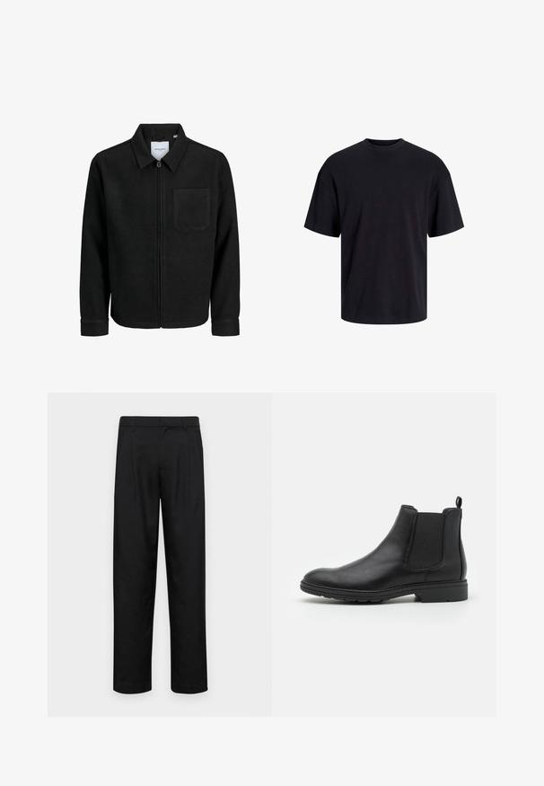 Mustaga lukuga jakker, millel on krae ja üks rinna-tasku, esitatud valgel taustal.; Must must on mustre, lühikeste varrukatega ja vabalt langev. Sile tekstuur ja ilma nähtavate mustrite või aktsentideta.; Mustad mustadest riietest, millel on sirge jalgade disain, kaks eesmist voltimist ja tavaline vöökoht, millel on vöökohad.; Mustat nahast Chelsea saapad elastsete külgpaneelide ja tõmbeotsaga, ümarate varvaste ja tekstuurse kummitaldiga.