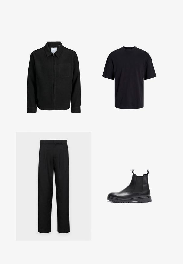Crna jakna na zip s ovratnikom i jednim džepom na prsima, prikazana na bijeloj pozadini.; Crna pamučna majica s okruglim izrezom, kratkim rukavima i opuštenim krojem. Glatka tekstura bez vidljivih uzoraka ili dekoracija.; Crne hlače od glatkog materijala, s dizajnom ravnih nogavica, dva prednja nabora i standardnim pojasom s petljama za remen.; Crne kožne Chelsea čizme s teksturiranim završetkom, elastičnim bočnim panelima i povlačnim trakama. Imaju debeli gumeni đon s uzorkom.