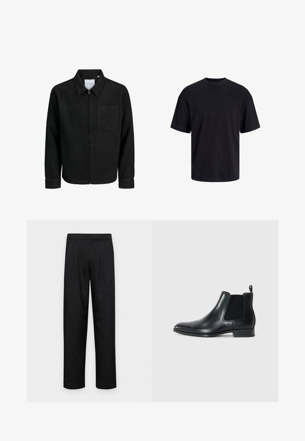 Schwarze Zip-Jacke mit Kragen und einer einzelnen Brusttasche, auf weißem Hintergrund präsentiert.; Schwarzes Baumwoll-T-Shirt mit Rundhalsausschnitt, kurzen Ärmeln und lässiger Passform. Glatte Oberflächenstruktur und keine sichtbaren Muster oder Akzente.; Schwarze Hose aus glattem Stoff, mit geradem Bein Design, zwei vorderen Falten und einem Standardbund mit Gürtelschlaufen.; Schwarze Leder-Chelsea-Stiefel mit elastischen Seitenpaneelen, runder Spitze, kleinem Ziehschlaufe hinten und niedrigem, gestapeltem Absatz. Glatte Textur.