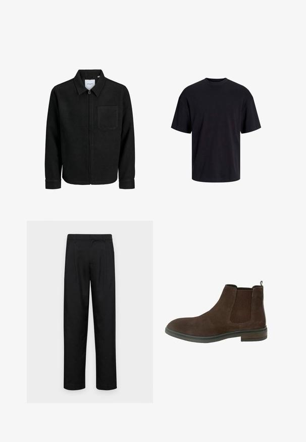 Zwarte zip-up jas met kraag en enkele borstzak, weergegeven op een witte achtergrond.; Zwarte katoenen t-shirt met een ronde halslijn, korte mouwen en een relaxte pasvorm. Glad textuur en geen zichtbare patronen of accenten.; Zwarte broeken van gladde stof, met een recht model, twee voorknikken en een standaard tailleband met riemlussen.; Bruine suède enkellaars met elastische zijpanelen, ronde neus en een lage gestapelde hak. Heeft een stikseldetail langs de zool.