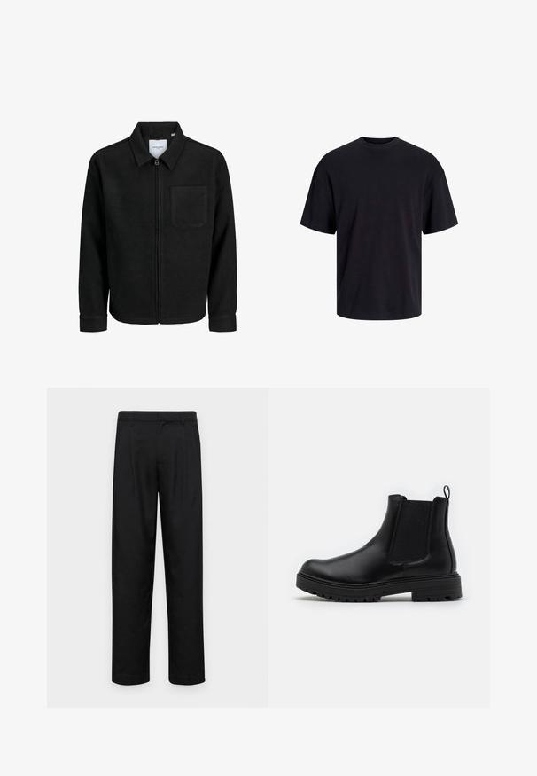 Crna jakna na zip s ovratnikom i jednim džepom na prsima, prikazana na bijeloj pozadini.; Crna pamučna majica s okruglim izrezom, kratkim rukavima i opuštenim krojem. Glatka tekstura bez vidljivih uzoraka ili dekoracija.; Crne hlače od glatkog materijala, s dizajnom ravnih nogavica, dva prednja nabora i standardnim pojasom s petljama za remen.; Zign LEATHER - Klasične gležnjače - black