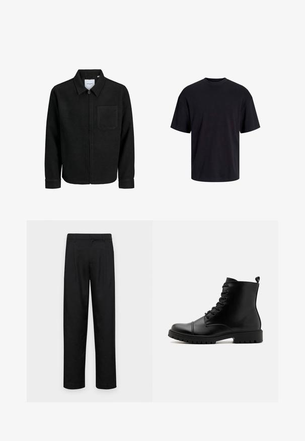 Giacca nera con zip, colletto e una tasca sul petto, mostrata su sfondo bianco.; T-shirt in cotone nero con collo rotondo, maniche corte e vestibilità morbida. Texture liscia senza pattern o dettagli visibili.; Pantaloni neri realizzati in tessuto liscio, caratterizzati da un taglio dritto, due pieghe frontali e una vita standard con passanti per la cintura.; Stivali alla caviglia in pelle nera con lacci, dalla finitura liscia, punta rotonda e suola in gomma spessa con battistrada profondo. Linguetta sul retro.