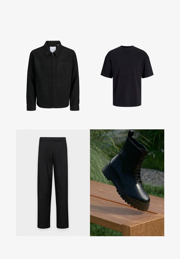 Melna jaka ar rāvējslēdzēju un apkakli, vienu krūšu kabatu, parādīta uz baltas fona.; Melns kokvilnas T-krekls ar apaļu kakla izgriezumu, īsām piedurknēm un brīvu piegriezumu. Gluda tekstūra un nav redzamu rakstu vai akcentu.; Melnas bikses, izgatavotas no gludas auduma, ar taisnu kāju dizainu, divām priekšējām krokām un standarta jostu, kurai ir āķi.; Melnas ādas potītes zābaki ar teksturētu virsmu, aukliņu aizdari un masīvu, rievotu zoli. Izvietoti uz koka virsmas ar zāles fona.