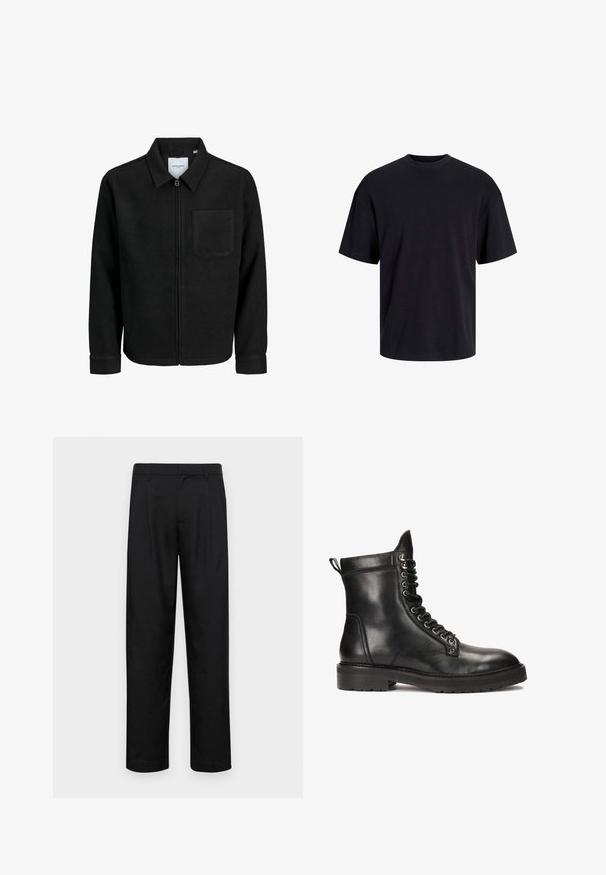 Giacca nera con zip, colletto e una tasca sul petto, mostrata su sfondo bianco.; T-shirt in cotone nero con collo rotondo, maniche corte e vestibilità morbida. Texture liscia senza pattern o dettagli visibili.; Pantaloni neri realizzati in tessuto liscio, caratterizzati da un taglio dritto, due pieghe frontali e una vita standard con passanti per la cintura.; Kazar Studio CANRERTH - Stivaletti stringati - black