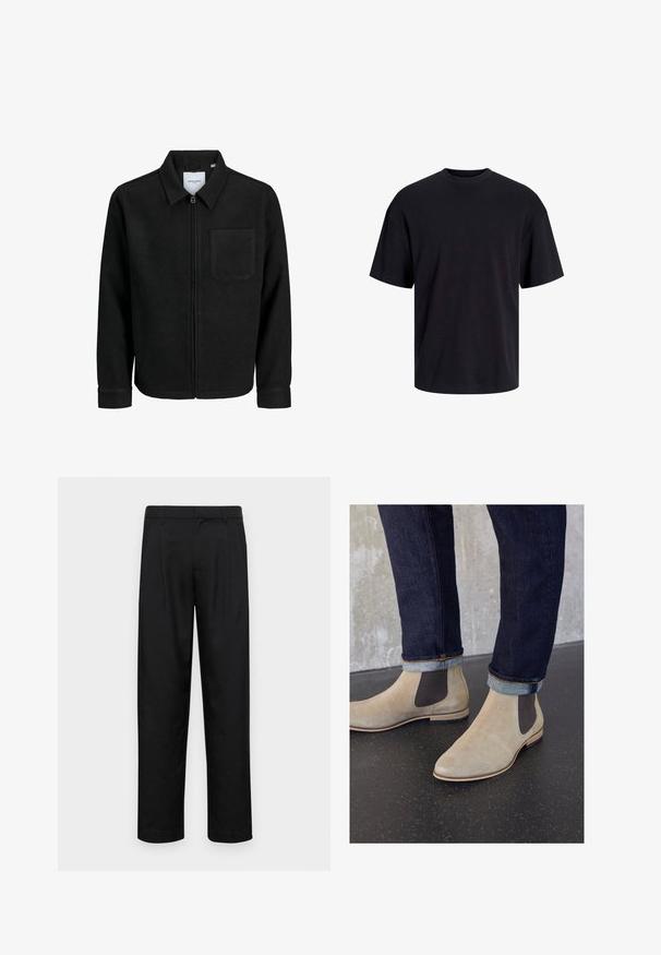 Juodas džemperis su užtrauktuku, apykakle ir vienu krūtiniu kišenėje, pristatytas baltame fone.; Juodas medvilninis marškinėlis su apvaliu iškirpimu, trumpomis rankovėmis ir laisvu siluetu. Glotni tekstūra, be matomų raštų ar akcentų.; Juodi kelnių modeliai, pagaminti iš lygios medžiagos, turi tiesią kojas, du priekiniai klostės ir standartinę juosmenį su diržo kilpomis.; Zign LEATHER - Klasikiniai aulinukai - sand