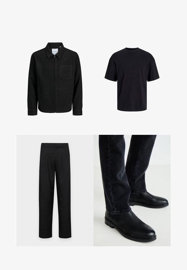 Črna jakna z zadrgo in ovratnikom ter enim žepom na prsih, prikazana na beli podlagi.; Črna bombažna majica s krojačkom izrezom, kratkimi rokavi in sproščenim krojem. Gladka tekstura in brez vidnih vzorcev ali poudarkov.; Črne hlače iz gladkega materiala, s krojem ravne noge, dvema sprednjima pregiboma in standardnim pasom z zankami za pas.; Črne usnjene gležnjarje z zaobljenim nosom in elastičnimi stranskimi paneli, oblečene z temnimi jeans hlačami, ki prikazujejo gladko teksturo in poenoteno zasnovo.