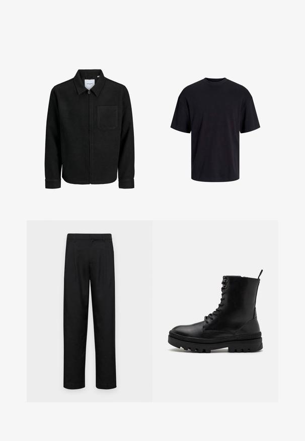 Juodas džemperis su užtrauktuku, apykakle ir vienu krūtiniu kišenėje, pristatytas baltame fone.; Juodas medvilninis marškinėlis su apvaliu iškirpimu, trumpomis rankovėmis ir laisvu siluetu. Glotni tekstūra, be matomų raštų ar akcentų.; Juodi kelnių modeliai, pagaminti iš lygios medžiagos, turi tiesią kojas, du priekiniai klostės ir standartinę juosmenį su diržo kilpomis.; Juodos odinės aulinės batus su apvaliu pirštu, su raišteliais ir masyviu guminio pado, kuris turi raukšlėtas detales.