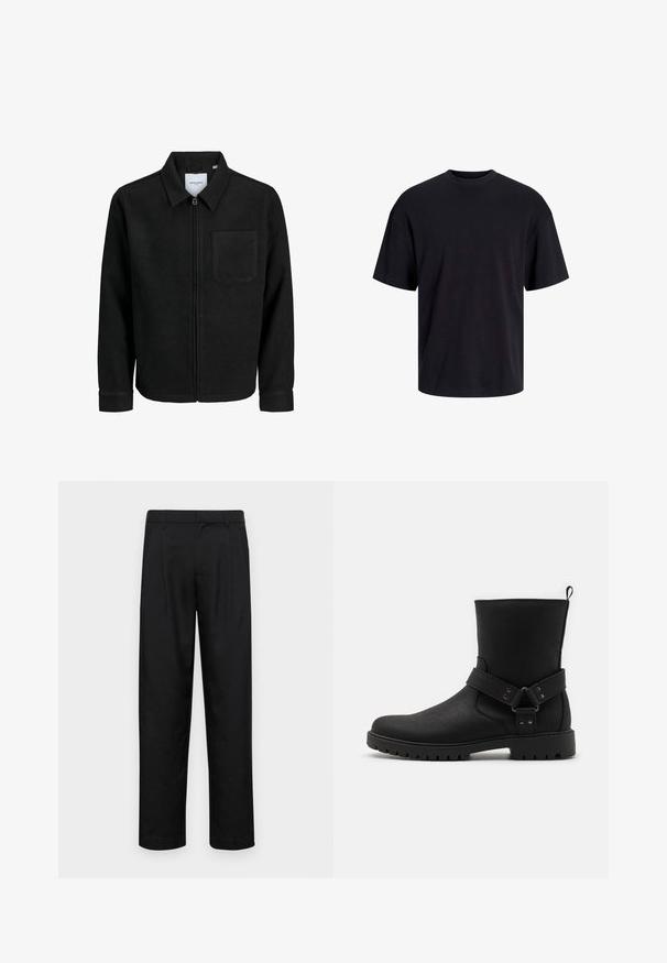 Black zip-up jacket with collar and single chest pocket, displayed on white background.; Black cotton t-shirt with a crew neckline, short sleeves, and a relaxed fit. Smooth texture and no visible patterns or accents.; Black trousers made of smooth fabric, featuring a straight-leg design, two front pleats, and standard waistband with belt loops.; Black ankle boots with a textured leather upper, featuring a side strap with hardware accents and a lugged rubber sole for traction.