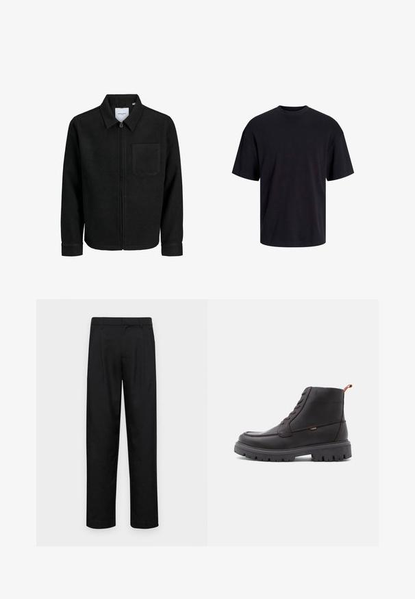 Sort lynlåsjakke med krave og en enkelt brystlomme, vist på hvid baggrund.; Sort bomulds t-shirt med rund hals, korte ærmer og en afslappet pasform. Glat tekstur uden synlige mønstre eller accenter.; Sorte bukser lavet af glat stof, med et lige ben-design, to frontfolder og en standard talje med bæltestropper.; Brune læder ankelstøvler med rund tå, tonalt syning, robust sort gummisåle og orange trækstrop ved hælen.