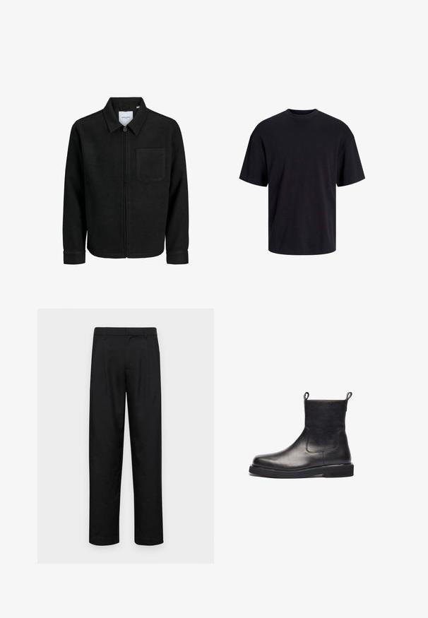 Chaqueta negra con cremallera y cuello, con un solo bolsillo en el pecho, expuesta sobre un fondo blanco.; Camiseta de algodón negra con cuello redondo, mangas cortas y un ajuste relajado. Textura suave y sin patrones ni acentos visibles.; Pantalones negros de tela suave, con un diseño de pierna recta, dos pliegues frontales y una cintura estándar con trabillas para el cinturón.; Botín de cuero negro con un acabado suave, paneles laterales elásticos y tiradores, con punta redonda y suela de goma plana.