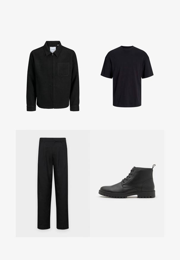 Czarna kurtka z zamkiem na całej długości, z kołnierzem i jedną kieszenią na piersi, umieszczona na białym tle.; Czarna bawełniana koszulka z okrągłym dekoltem, krótkimi rękawami i luźnym krojem. Gładka tekstura, bez widocznych wzorów czy akcentów.; Czarne spodnie wykonane z gładkiego materiału, z prostą nogawką, dwoma fałdami z przodu oraz standardowym paskiem z wypustkami na pasek.; Czarne skórzane botki za kostkę z przodem na sznurówki, zaokrąglonym noskiem i solidną gumową podeszwą. Posiadają pętelkę z tyłu ułatwiającą zakładanie.