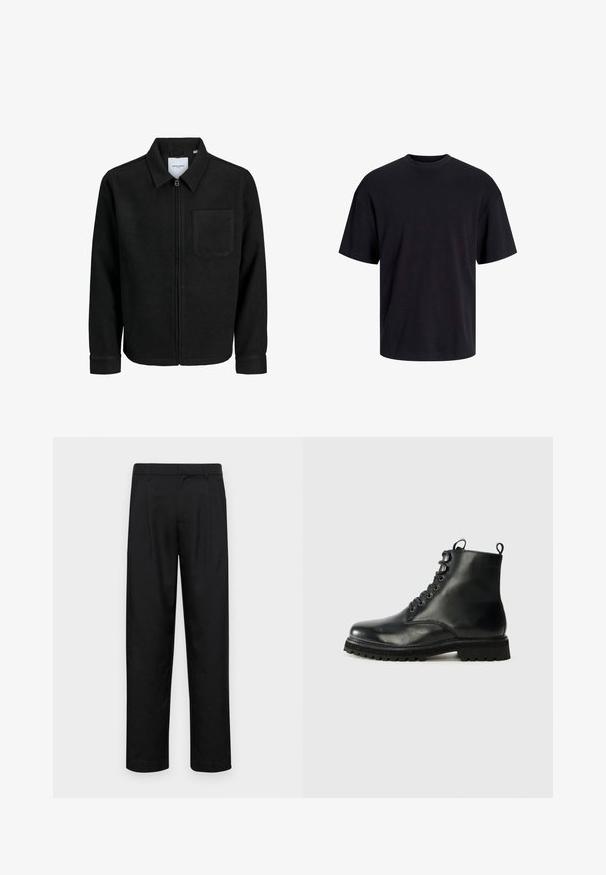 Juodas džemperis su užtrauktuku, apykakle ir vienu krūtiniu kišenėje, pristatytas baltame fone.; Juodas medvilninis marškinėlis su apvaliu iškirpimu, trumpomis rankovėmis ir laisvu siluetu. Glotni tekstūra, be matomų raštų ar akcentų.; Juodi kelnių modeliai, pagaminti iš lygios medžiagos, turi tiesią kojas, du priekiniai klostės ir standartinę juosmenį su diržo kilpomis.; Juodas odinis kulkšninis batas su apvaliu pirštu, raištelių uždarymu priekyje ir tekstūruotu guminiu padu. Yra tvirtinimo kilpčiai ant kulno ir kontrastinga siūlė.