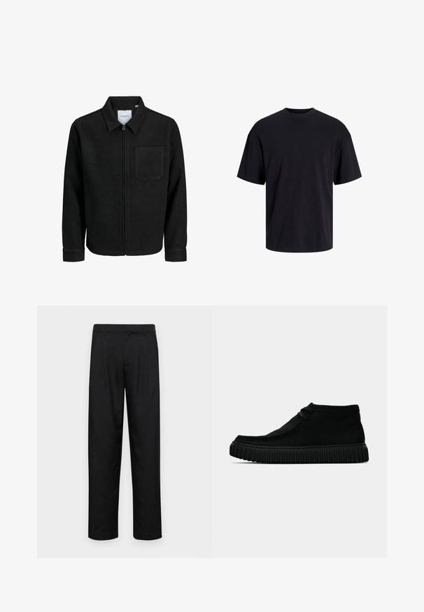 Melna jaka ar rāvējslēdzēju un apkakli, vienu krūšu kabatu, parādīta uz baltas fona.; Melns kokvilnas T-krekls ar apaļu kakla izgriezumu, īsām piedurknēm un brīvu piegriezumu. Gluda tekstūra un nav redzamu rakstu vai akcentu.; Melnas bikses, izgatavotas no gludas auduma, ar taisnu kāju dizainu, divām priekšējām krokām un standarta jostu, kurai ir āķi.; Melnas potītes, izgatavotas no mīksta materiāla, ar noapaļotu purngalu, minimālu šņorēšanu un teksturētu gumijas zoli ar vertikālām rievām.