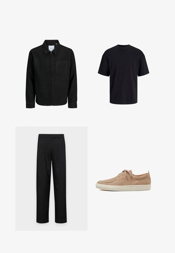 Chaqueta negra con cremallera y cuello, con un solo bolsillo en el pecho, expuesta sobre un fondo blanco.; Camiseta de algodón negra con cuello redondo, mangas cortas y un ajuste relajado. Textura suave y sin patrones ni acentos visibles.; Pantalones negros de tela suave, con un diseño de pierna recta, dos pliegues frontales y una cintura estándar con trabillas para el cinturón.; Zapatillas de ante beige con punta redondeada, diseño con cordones y suela de goma blanca que presenta costuras sutiles y una marca en el talón.