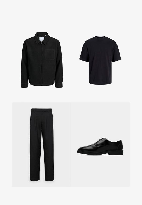 Veste zippée noire avec col et poche poitrine unique, présentée sur fond blanc.; T-shirt en coton noir avec un col ras du cou, des manches courtes et une coupe décontractée. Texture lisse sans motifs ni accents visibles.; Pantalons noirs en tissu lisse, avec une coupe droite, deux plis avant et une taille standard avec passants de ceinture.; Chaussure habillée en cuir noir avec une finition lisse, bout rond, système de laçage, et semelle en caoutchouc discrète pour une meilleure traction.