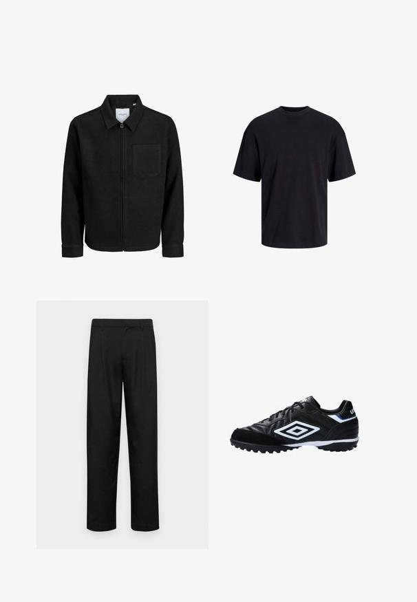 Mustaga lukuga jakker, millel on krae ja üks rinna-tasku, esitatud valgel taustal.; Must must on mustre, lühikeste varrukatega ja vabalt langev. Sile tekstuur ja ilma nähtavate mustrite või aktsentideta.; Mustad mustadest riietest, millel on sirge jalgade disain, kaks eesmist voltimist ja tavaline vöökoht, millel on vöökohad.; Mustmusteline jalgpallisaapad, millel on sünteetiline nahk, tekstureeritud ülemine osa, valged ja sinised aksessuaarid, elastne kummist tallaosa, millel on astmed haarde tagamiseks.