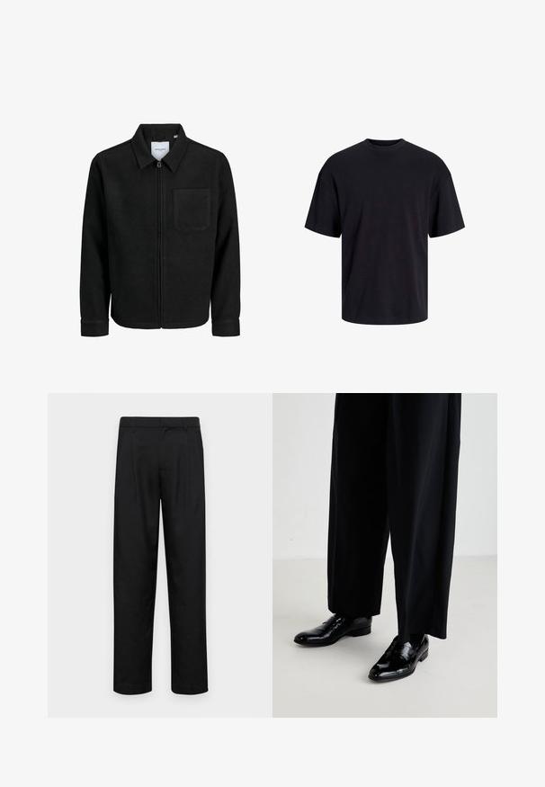 Crna jakna na zip s ovratnikom i jednim džepom na prsima, prikazana na bijeloj pozadini.; Crna pamučna majica s okruglim izrezom, kratkim rukavima i opuštenim krojem. Glatka tekstura bez vidljivih uzoraka ili dekoracija.; Crne hlače od glatkog materijala, s dizajnom ravnih nogavica, dva prednja nabora i standardnim pojasom s petljama za remen.; Crne kožne cipele s glatkom završnom obradom, s glatkim prstom i niskom petom, u kombinaciji s labavim crnim hlačama.