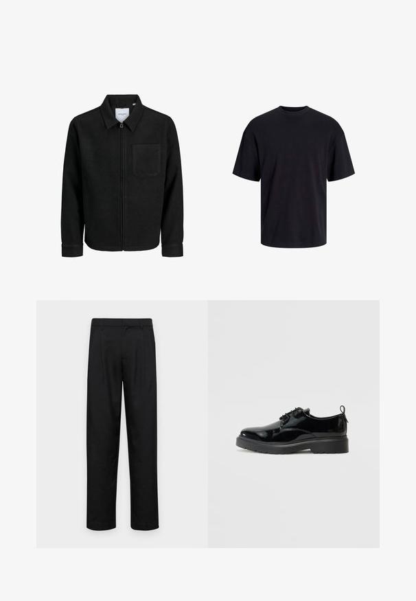 Black zip-up jacket with collar and single chest pocket, displayed on white background.; Black cotton t-shirt with a crew neckline, short sleeves, and a relaxed fit. Smooth texture and no visible patterns or accents.; Black trousers made of smooth fabric, featuring a straight-leg design, two front pleats, and standard waistband with belt loops.; Black patent leather lace-up shoe with thick rubber sole and heel tab, shown from the inner side on a white background.