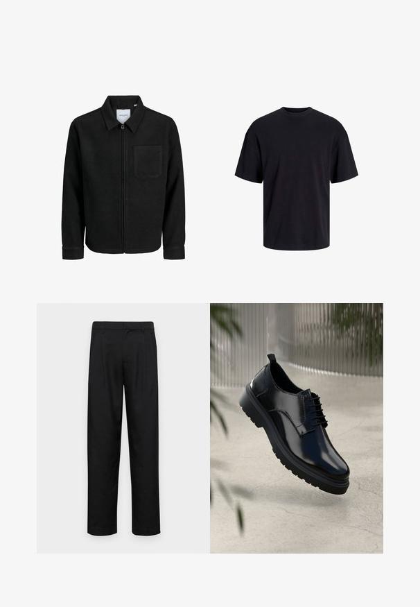 Črna jakna z zadrgo in ovratnikom ter enim žepom na prsih, prikazana na beli podlagi.; Črna bombažna majica s krojačkom izrezom, kratkimi rokavi in sproščenim krojem. Gladka tekstura in brez vidnih vzorcev ali poudarkov.; Črne hlače iz gladkega materiala, s krojem ravne noge, dvema sprednjima pregiboma in standardnim pasom z zankami za pas.; Črne usnjene čevlje z sijajno površino, okrogle prste, vezalni dizajn, kontrastno šivanje in debel gumijast podplat z vzorci za oprijem.