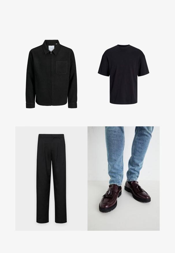 Crna jakna na zip s ovratnikom i jednim džepom na prsima, prikazana na bijeloj pozadini.; Crna pamučna majica s okruglim izrezom, kratkim rukavima i opuštenim krojem. Glatka tekstura bez vidljivih uzoraka ili dekoracija.; Crne hlače od glatkog materijala, s dizajnom ravnih nogavica, dva prednja nabora i standardnim pojasom s petljama za remen.; Bordo kožne loaferice s resama i teksturiranom gornjom stranom, uparene s svijetloplavi trapericama. Vidljiv crni gumeni potplat.