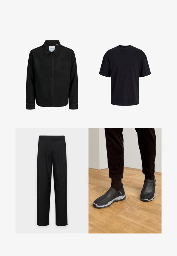Crna jakna na zip s ovratnikom i jednim džepom na prsima, prikazana na bijeloj pozadini.; Crna pamučna majica s okruglim izrezom, kratkim rukavima i opuštenim krojem. Glatka tekstura bez vidljivih uzoraka ili dekoracija.; Crne hlače od glatkog materijala, s dizajnom ravnih nogavica, dva prednja nabora i standardnim pojasom s petljama za remen.; Crne cipele bez vezica od teksturirane kože s sivim gumiranim potplatom, postavljene na drveni pod i uz kord hlače.