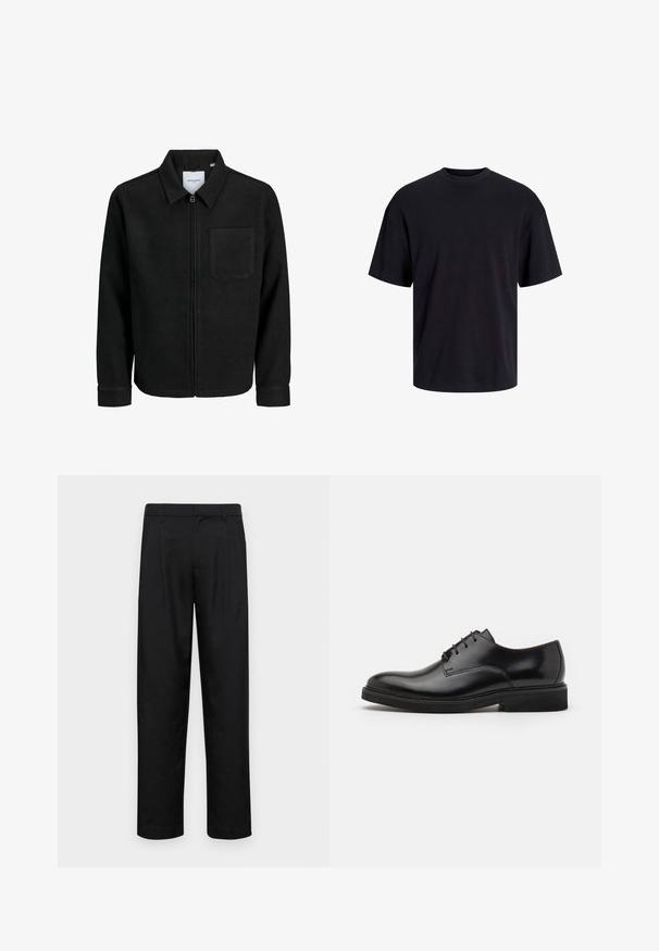 Melna jaka ar rāvējslēdzēju un apkakli, vienu krūšu kabatu, parādīta uz baltas fona.; Melns kokvilnas T-krekls ar apaļu kakla izgriezumu, īsām piedurknēm un brīvu piegriezumu. Gluda tekstūra un nav redzamu rakstu vai akcentu.; Melnas bikses, izgatavotas no gludas auduma, ar taisnu kāju dizainu, divām priekšējām krokām un standarta jostu, kurai ir āķi.; Melnas ādas kleitas apavi ar noapaļotu purngali, pieciem cilpiņām lentes pievilkšanai, gludu tekstūru un zemu gumijas zoli.