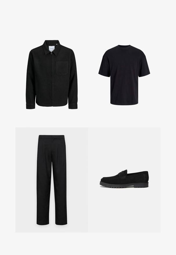 Černá zipová bunda s límečkem a jednou kapsou na hrudi, vystavená na bílém pozadí.; Černé bavlněné tričko s kulatým výstřihem, krátkými rukávy a volným střihem. Hladká textura a žádné viditelné vzory ani akcenty.; Černé kalhoty vyrobené z hladké látky, s rovnou nohavicí, dvěma předními sklady a standardním pasem se poutky na opasek.; Černé semišové mokasíny s kulatou špičkou a šitým detailem přes přední část. Gumová podrážka se viditelným vzorkem pro lepší trakci.