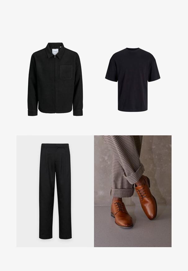 Musta vetoketjullinen takki, jossa on kaulus ja yksi rintatasku, esitelty valkoista taustaa vasten.; Musta puuvillapaita, jossa on pyöreä kaula-aukko, lyhyet hihat ja rento muotoilu. Yksinkertainen ja sileä pinta, ilman näkyviä kuvioita tai koristeita.; Mustat housut, jotka on valmistettu sileästä kankaasta, suoran lahkeen muotoilulla, kahdella etupleekillä ja tavanomaisella vyötäröllä, jossa on vyölenkit.; Ruskeat nahkakengät, joissa on pyöreä varvas, viisi silmukkaa nauhoitusta varten ja tummat, erottuvat nauhat. Housut ovat ruudulliset ja lahkeissa on käänteet.