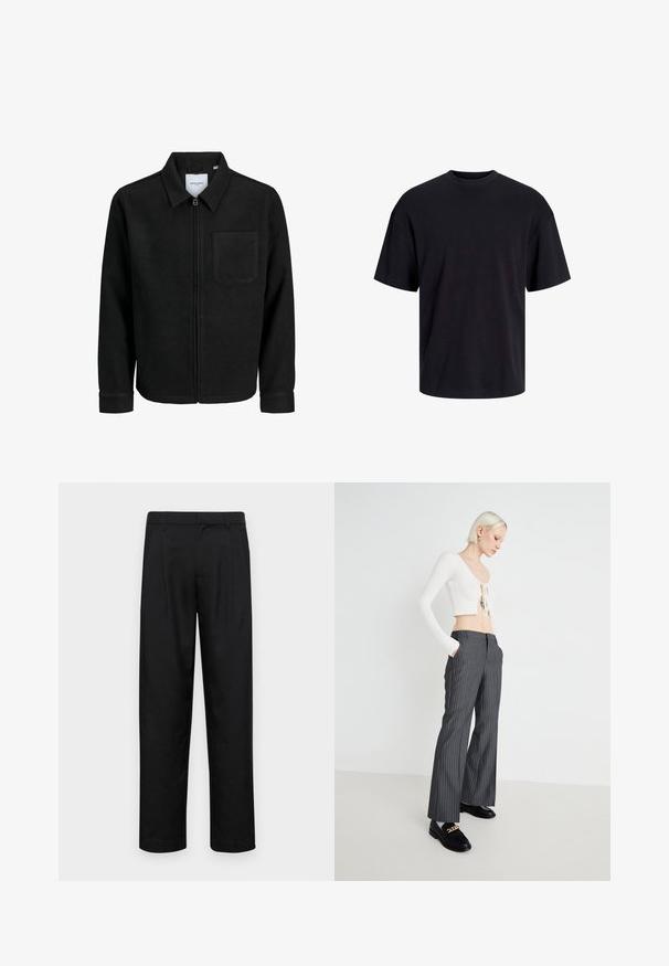 Mustaga lukuga jakker, millel on krae ja üks rinna-tasku, esitatud valgel taustal.; Must must on mustre, lühikeste varrukatega ja vabalt langev. Sile tekstuur ja ilma nähtavate mustrite või aktsentideta.; Mustad mustadest riietest, millel on sirge jalgade disain, kaks eesmist voltimist ja tavaline vöökoht, millel on vöökohad.; Valge ribaga lühike topp sidumisdetailidega, kombineeritud hallide triibuliste laiade pükstega. Mudel kannab musti loafereid kuldsete aktsentidega, seistes ühtsel taustal.