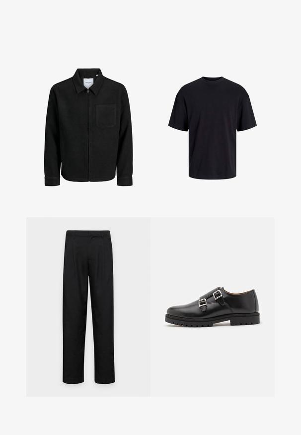 Mustaga lukuga jakker, millel on krae ja üks rinna-tasku, esitatud valgel taustal.; Must must on mustre, lühikeste varrukatega ja vabalt langev. Sile tekstuur ja ilma nähtavate mustrite või aktsentideta.; Mustad mustadest riietest, millel on sirge jalgade disain, kaks eesmist voltimist ja tavaline vöökoht, millel on vöökohad.; Must on mustast nahkaking, millel on läikiv viimistlus, kahe reguleeritava metallist nööbiga, ümar varvas ja tugev kummist põhi, mis tagab haarde.