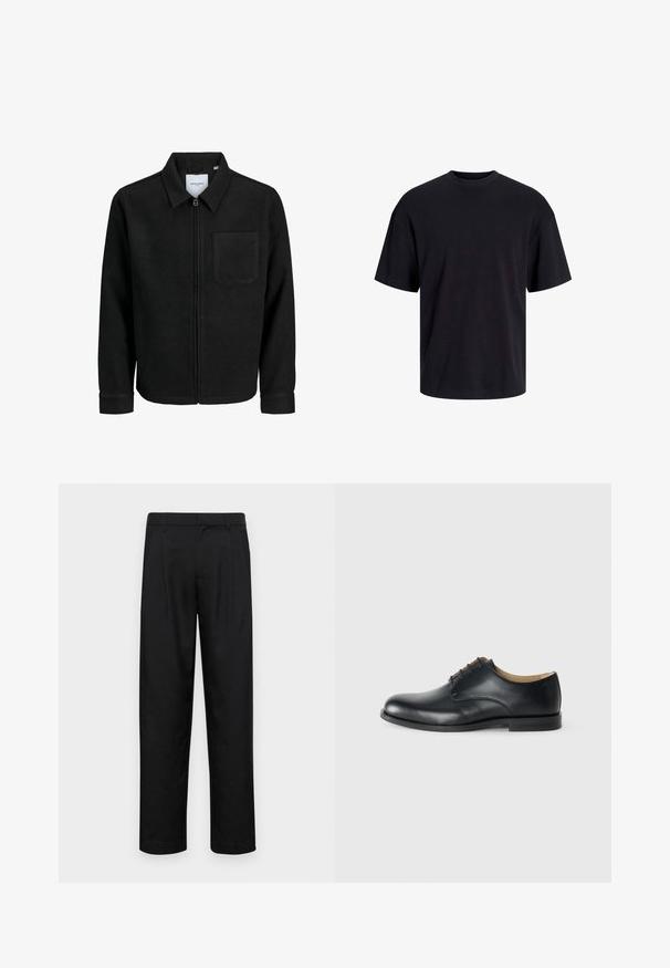 Sort lynlåsjakke med krave og en enkelt brystlomme, vist på hvid baggrund.; Sort bomulds t-shirt med rund hals, korte ærmer og en afslappet pasform. Glat tekstur uden synlige mønstre eller accenter.; Sorte bukser lavet af glat stof, med et lige ben-design, to frontfolder og en standard talje med bæltestropper.; Calvin Klein Snøresko - triple black